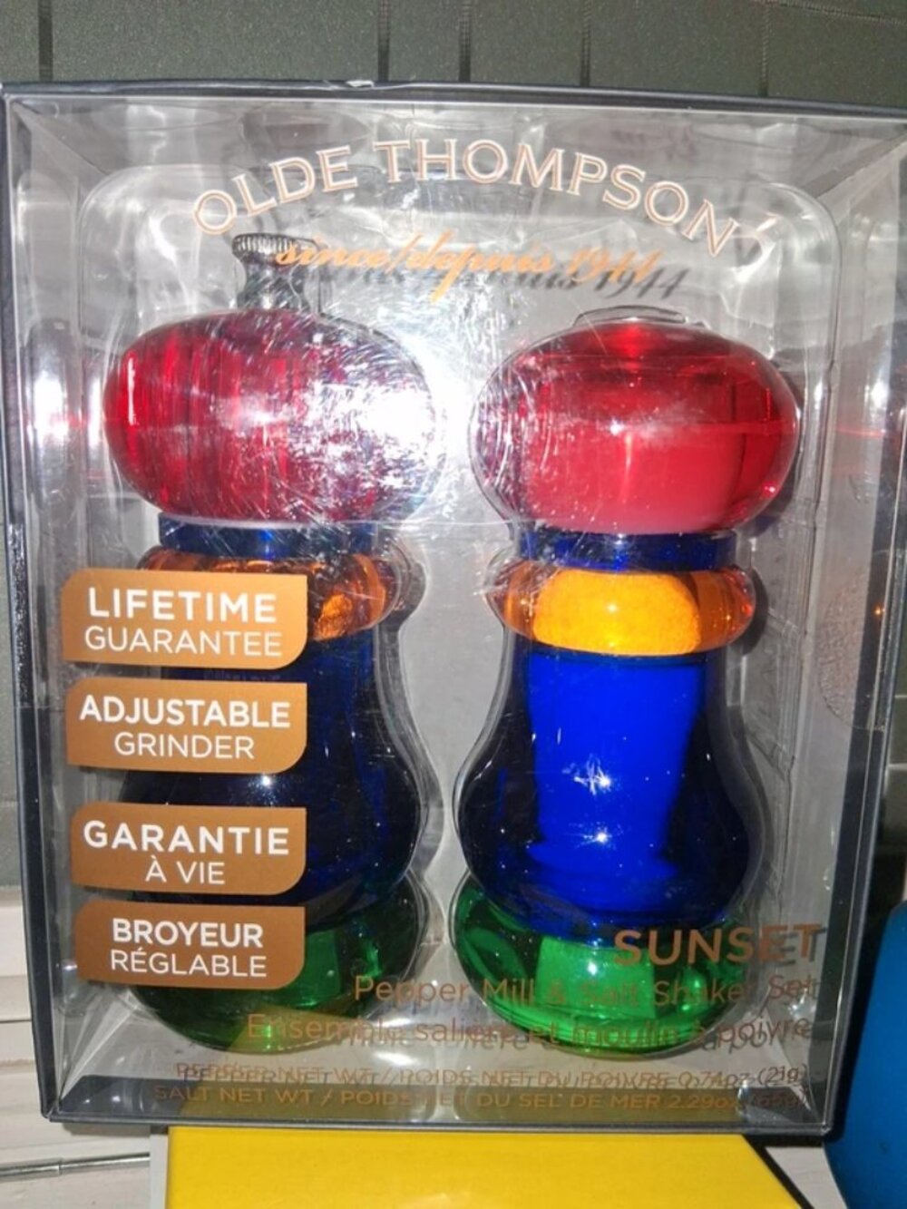 Vintage Olde Thompson Sunset Fiesta Acrylic Salt Shaker & Pepper Mill NIB